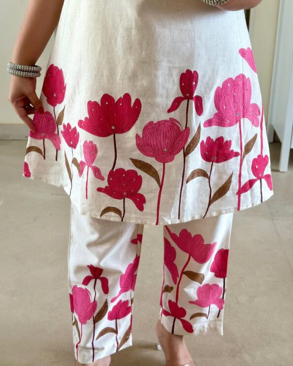 White Floral Cotton Kurti Set