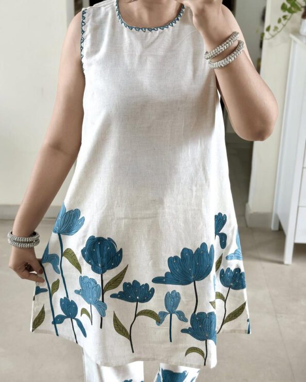 White Floral Kurti Pant Set