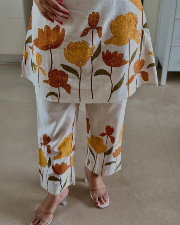 White Floral Cotton Kurti Set