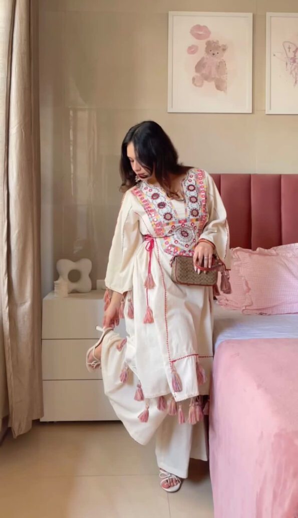 White Mirror Work Kurti Set with Tassels