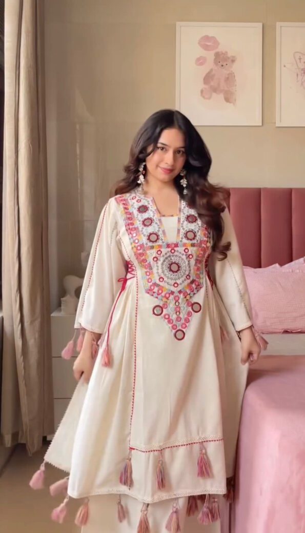 White Mirror Work Kurti Set with Tassels