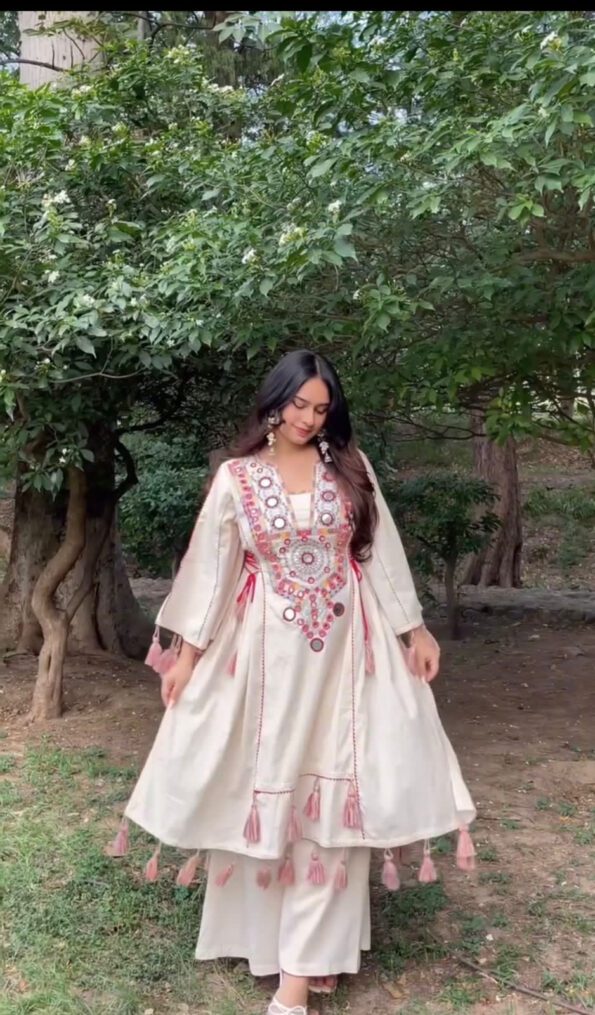 White Mirror Work Kurti Set with Tassels