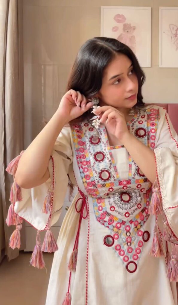 White Mirror Work Kurti Set with Tassels