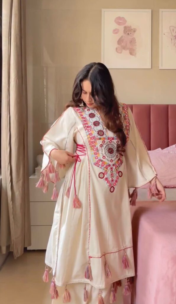 White Mirror Work Kurti Set with Tassels