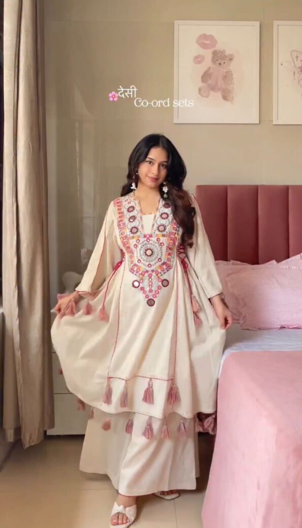 White Mirror Work Kurti Set with Tassels