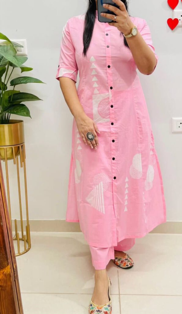 Pink Cotton Button-Down Kurti Set