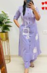 Lavender cotton kurti set for women with white geometric print, button-down front, roll-up sleeves, and matching straight pants – stylish daily wear ethnic outfit.