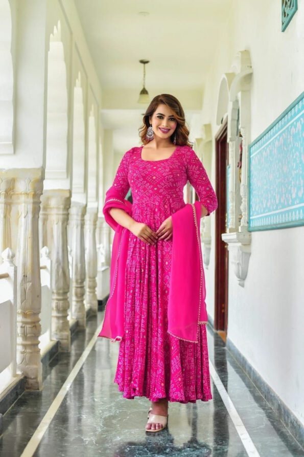 Pink Bandhani Anarkali Kurta Set with Dupatta for Women