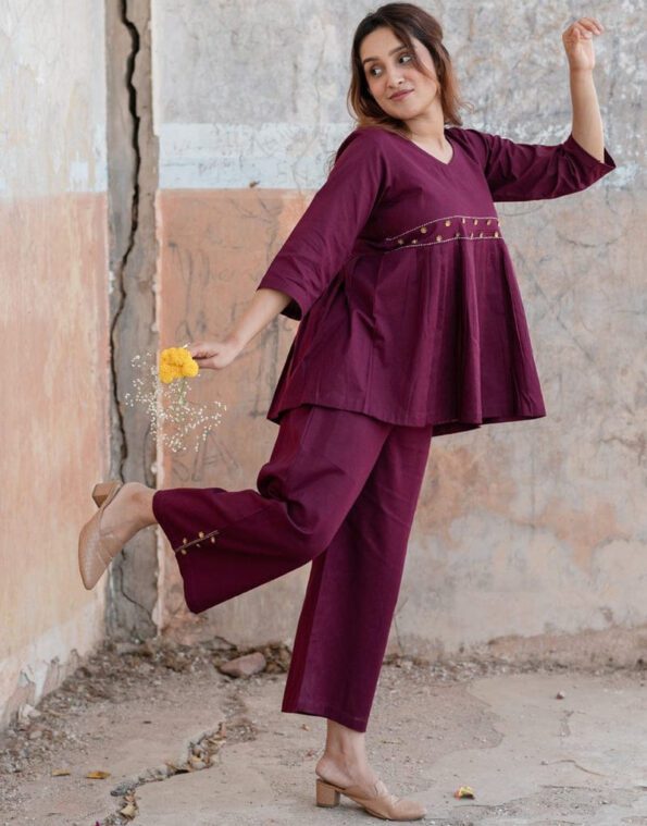 Stylish Wine Cotton Co-ord Set for Women