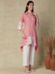 Pink Embroidered High-Low Kurta with White Pant Set for Women