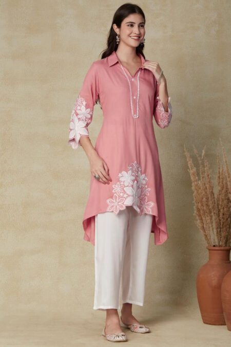 “Pink embroidered high-low kurta with white straight pants for women – summer ethnic set”