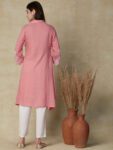 Pink Embroidered High-Low Kurta with White Pant Set for Women