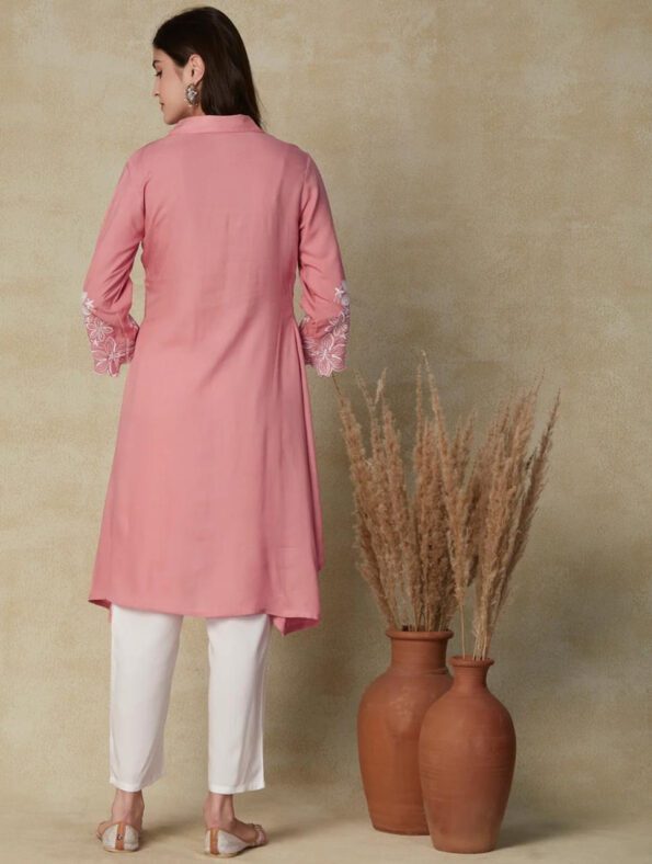 Pink Embroidered High-Low Kurta with White Pant Set for Women