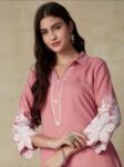 Pink Embroidered High-Low Kurta with White Pant Set for Women