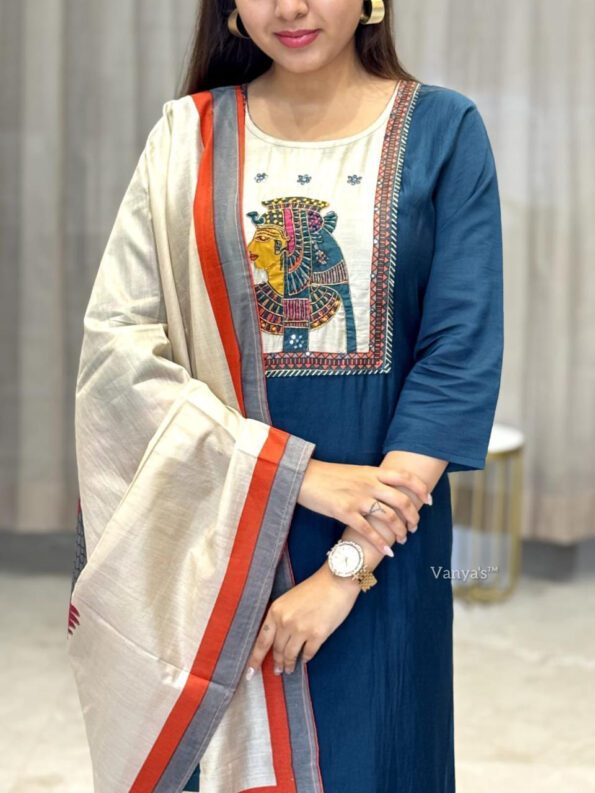 Teal Blue Kurta Pant with Artistic Printed Dupatta