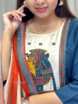 Teal Blue Kurta Pant with Artistic Printed Dupatta