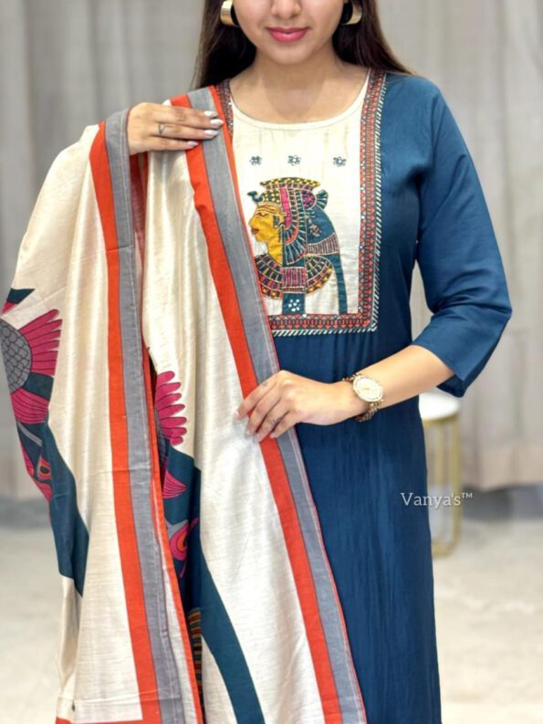 Teal Blue Kurta Pant with Artistic Printed Dupatta