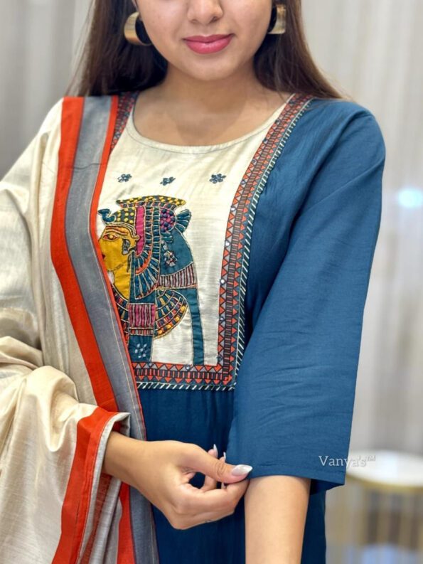 Teal Blue Kurta Pant with Artistic Printed Dupatta