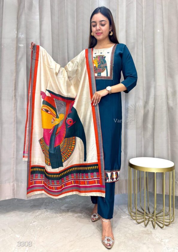 Teal Blue Kurta Pant with Artistic Printed Dupatta