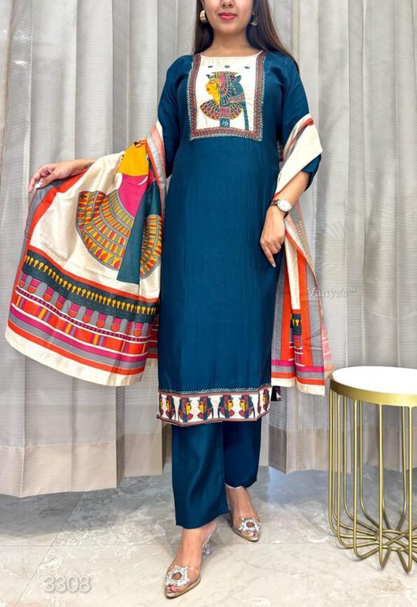 Teal Blue Kurta Pant with Artistic Printed Dupatta
