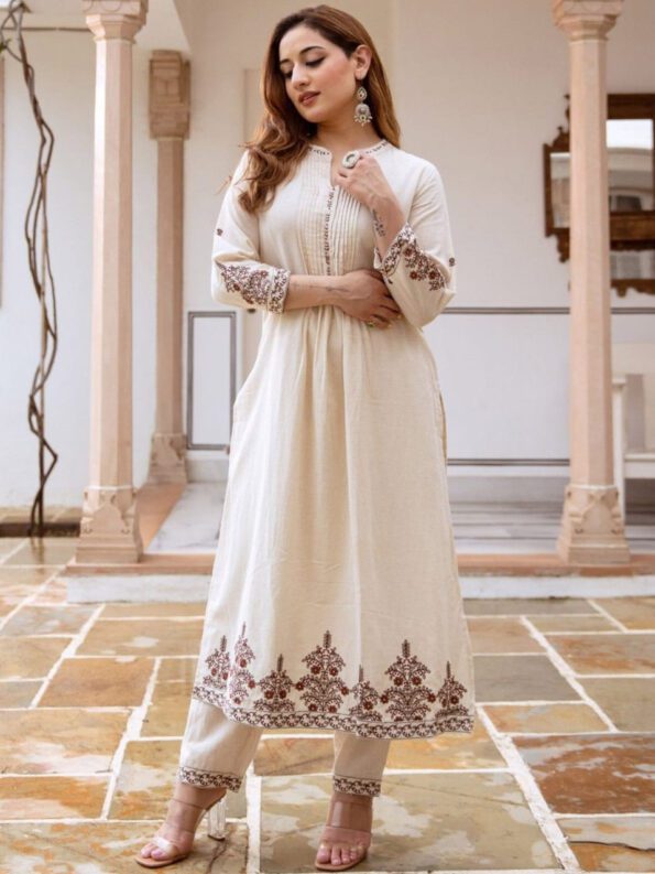 Off-White Embroidered Kurta Pant Set