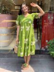 Chic Green Floral Tiered Cotton Dress for Women
