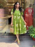 Chic Green Floral Tiered Cotton Dress for Women