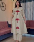 Beige Cotton Kurta Pant Set with Red Embroidery