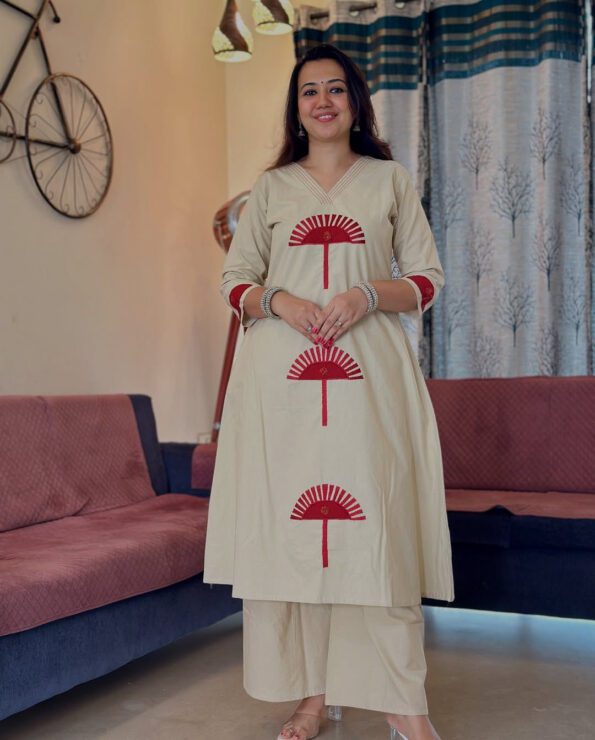 Beige Cotton Kurta Pant Set with Red Embroidery