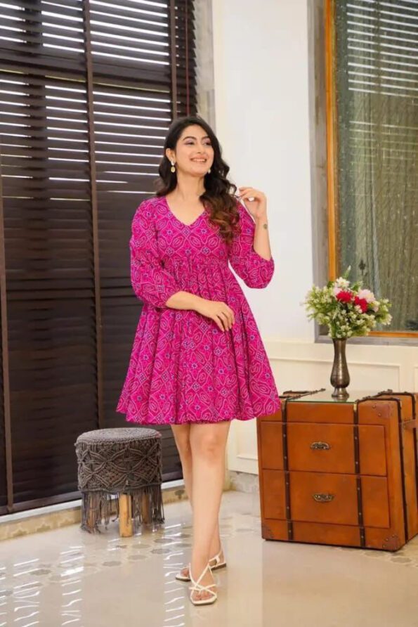Pink Printed Flared Short Dress for Women