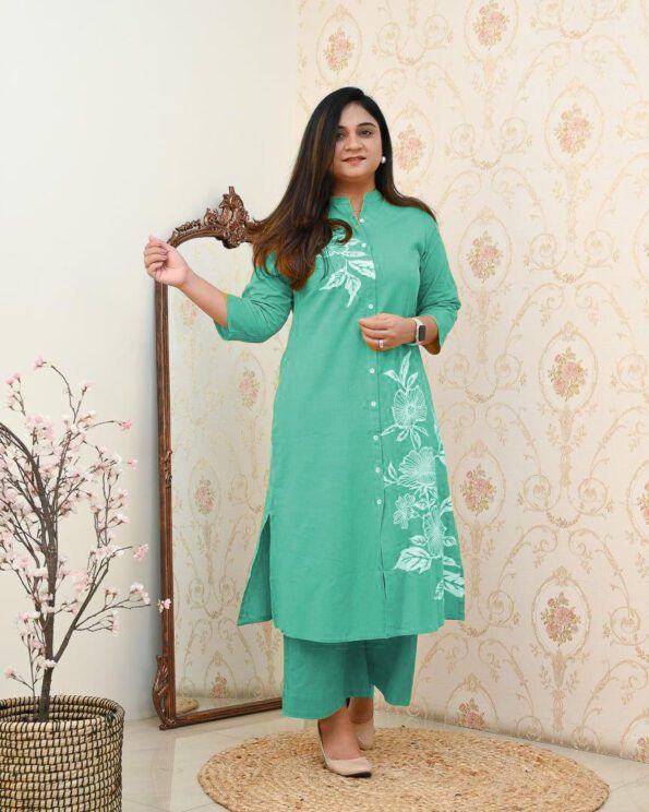 Mint Green Floral Kurta Pant Set for Women