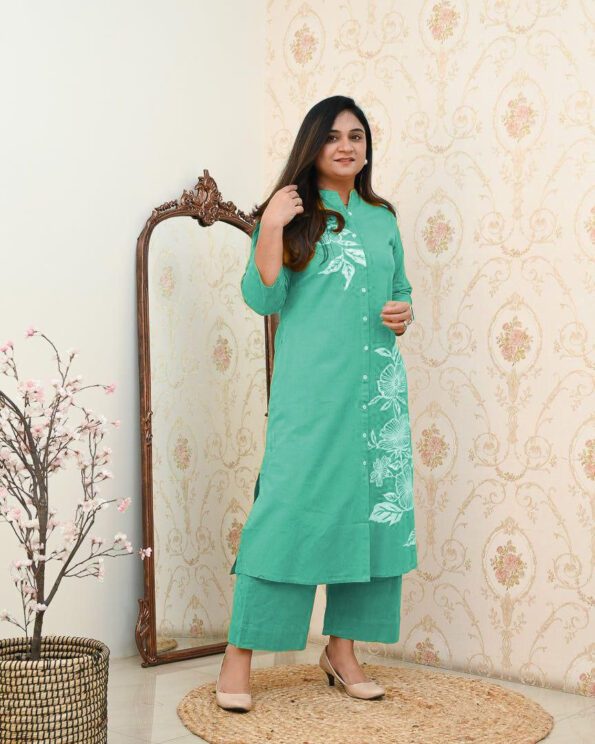 Mint Green Floral Kurta Pant Set for Women