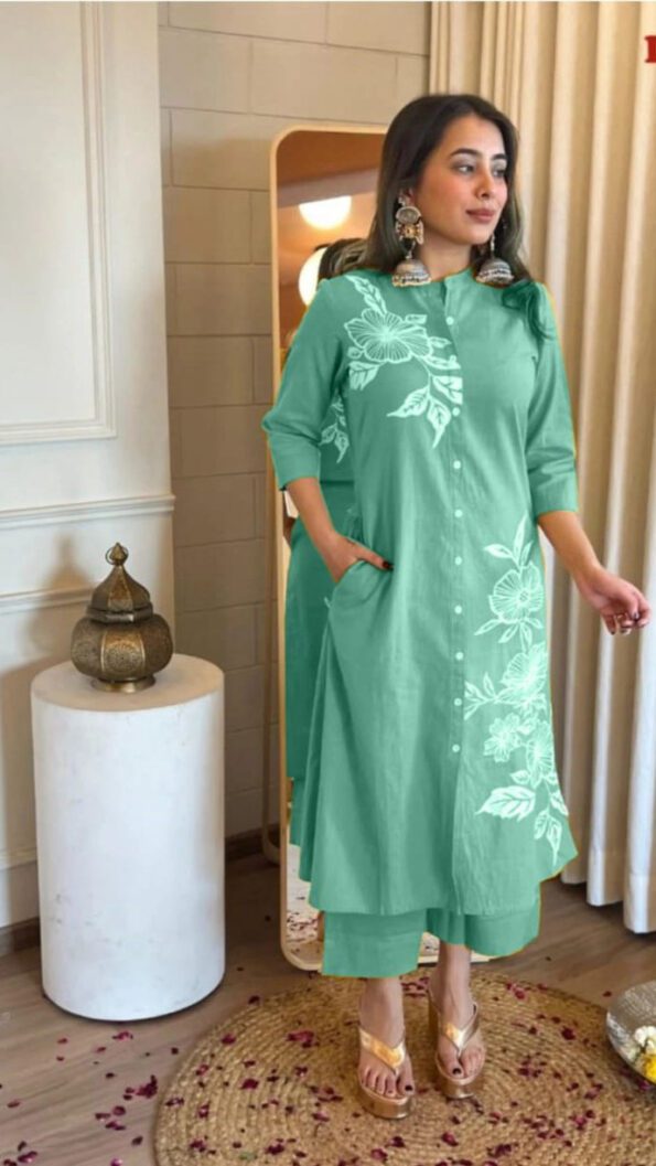 Mint Green Floral Kurta Pant Set for Women