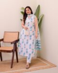 Woman wearing a white and blue floral printed sleeveless kurta with matching pants and a dupatta, standing in a modern indoor setup with a wooden chair.