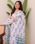 White & Blue Floral Print Kurta Pant Set with Dupatta