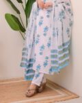 White & Blue Floral Print Kurta Pant Set with Dupatta