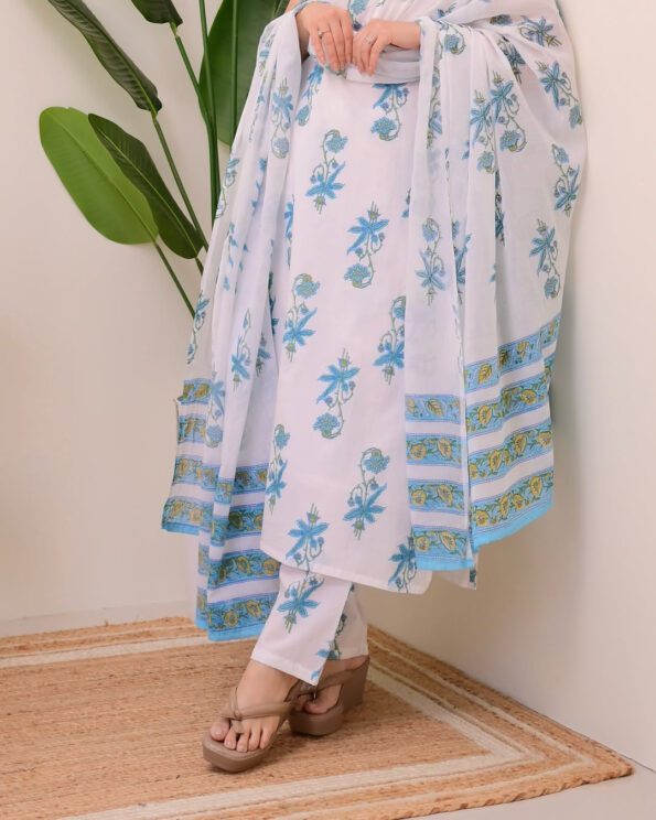White & Blue Floral Print Kurta Pant Set with Dupatta