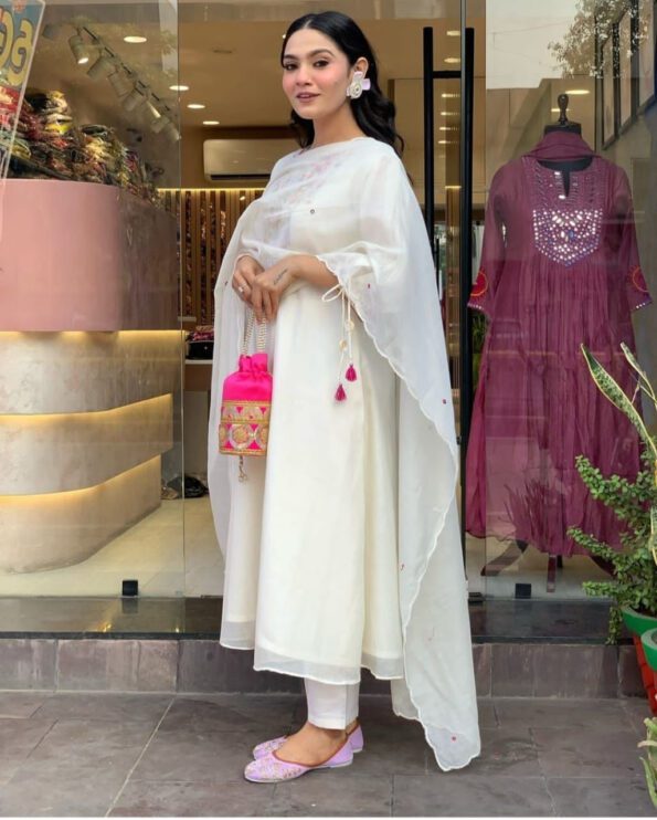 White Embroidered Kurta Set with Dupatta for Women