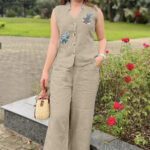 Beige Sleeveless Embroidered Cotton Kurti Co-Ord Set