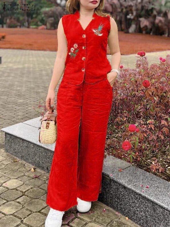 Red Embroidered Sleeveless Cotton Kurti Co-Ord Set