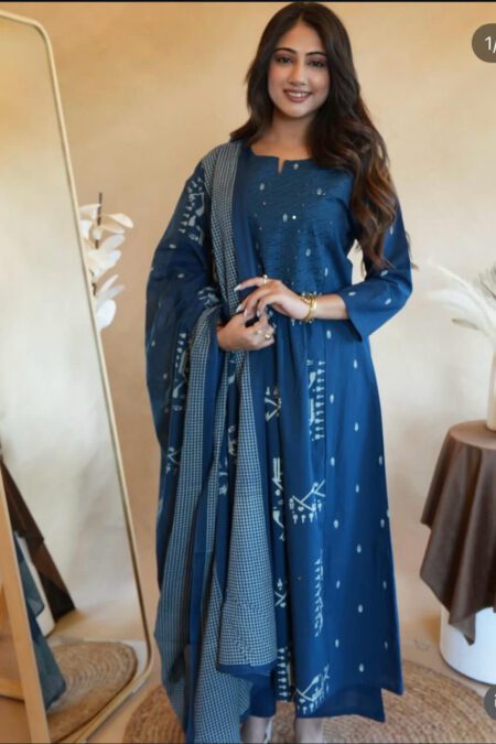 Woman wearing elegant navy blue printed kurta pant set with matching dupatta, styled for festive and ethnic occasions.