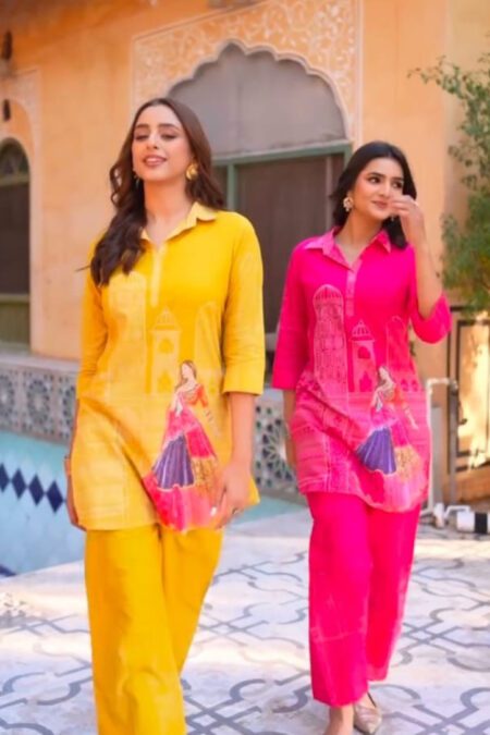 Women’s printed cotton co-ord set – mustard yellow kurti with pants and pink kurti with pants for festive & casual wear.