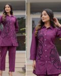 “Premium maroon cotton co-ord set for women with floral side print – stylish shirt and pant matching outfit for casual, office, and festive wear”