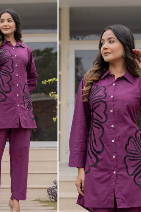 “Premium maroon cotton co-ord set for women with floral side print – stylish shirt and pant matching outfit for casual, office, and festive wear”