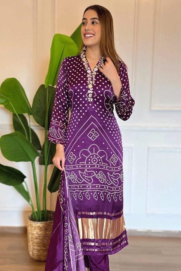 Royal Purple Bandhani Kurta Set with Dupatta