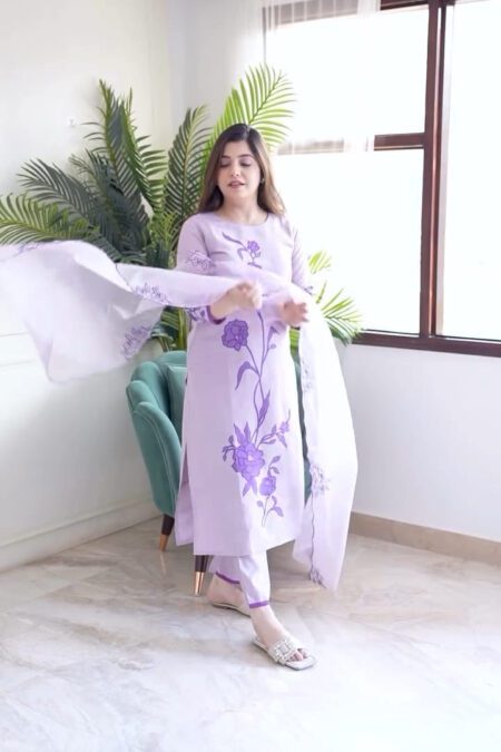 Lavender floral embroidered kurta set with matching pants and dupatta for women