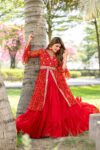 Red Bandhani Embroidered Kurta with Lehenga Set for Women