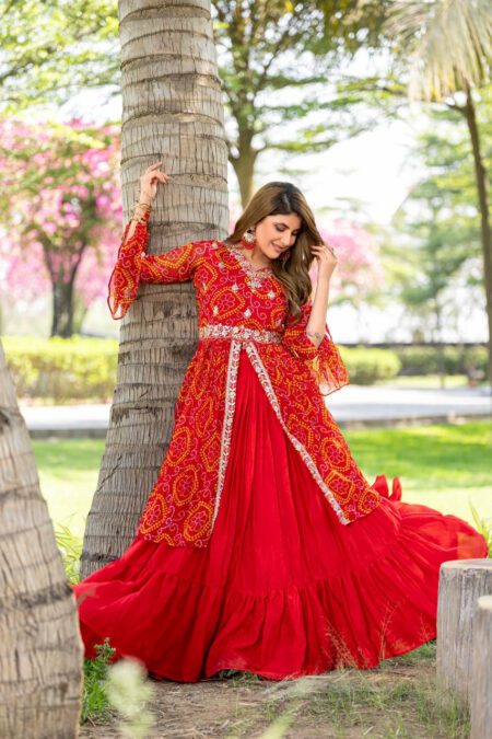 Red Bandhani Kurta with Flared Lehenga Skirt – Wedding & Festive Wear for Women