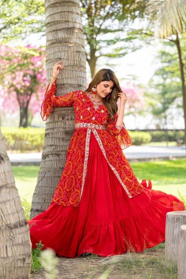 Red Bandhani Embroidered Kurta with Lehenga Set for Women