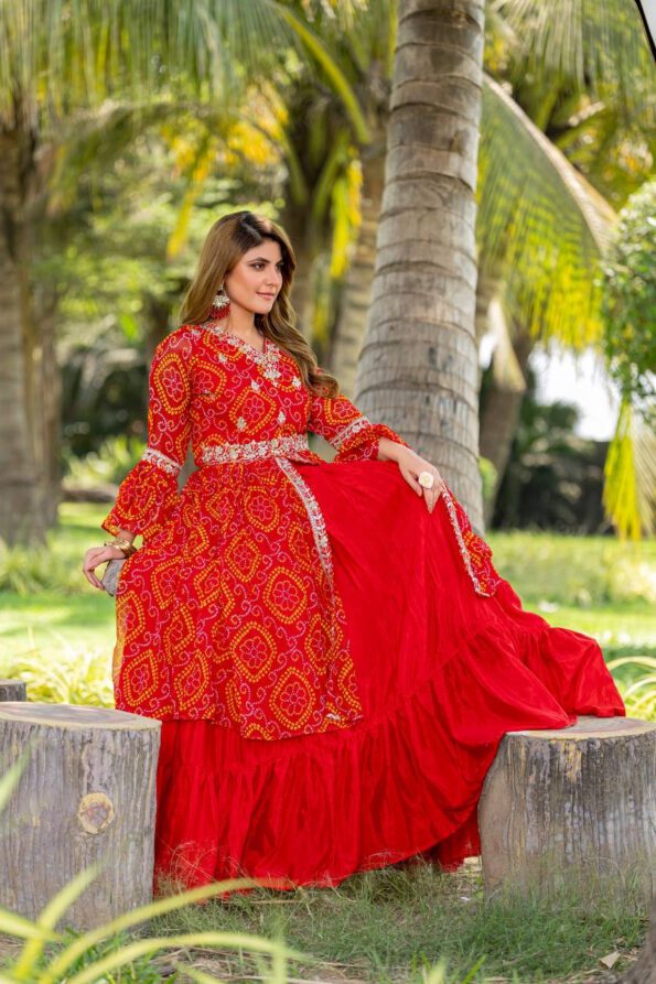 Red Bandhani Embroidered Kurta with Lehenga Set for Women